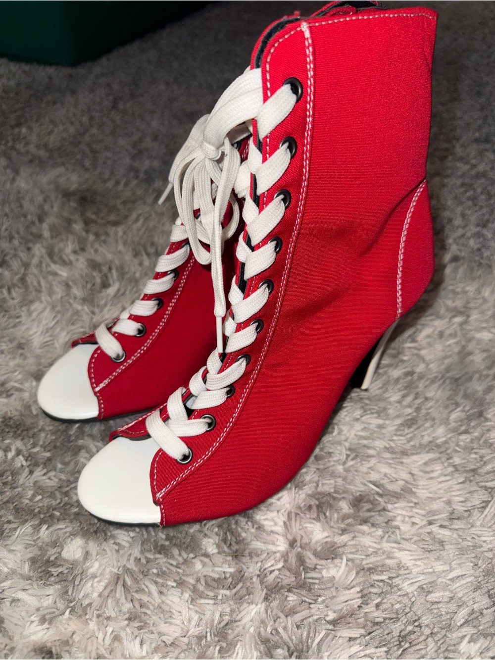 Red Lace-Up Peep-Toe Ankle Boots - Women's Fashion Heels